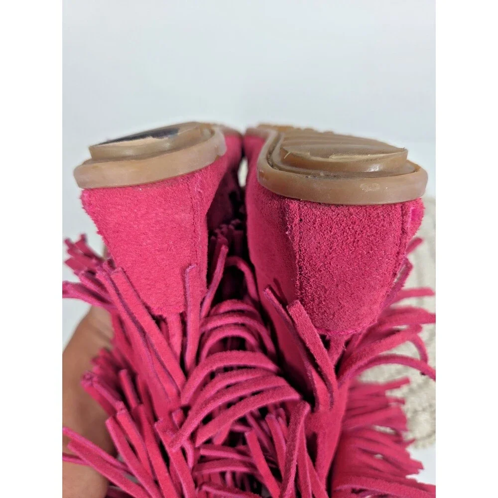 NEW Minnetonka 3 Layer Fringe Boots Girls 12 Pink Leather Suede Moccasin Barbie